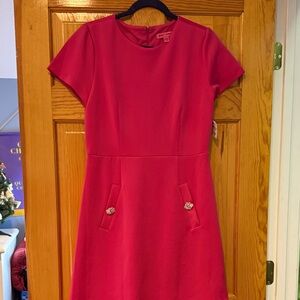 Betsey Johnson Hot Pink Short-Sleeve Shift Dress with Jeweled Pocket Accents